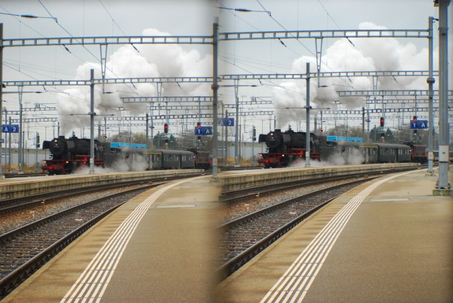 Dampflokomotive 23 058 im Bahnhof Romanshorn. Letzte Fahrt mit Kohlenfeuerung.
